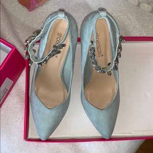 Light teal 4 inch heels, with separate ankle band.
